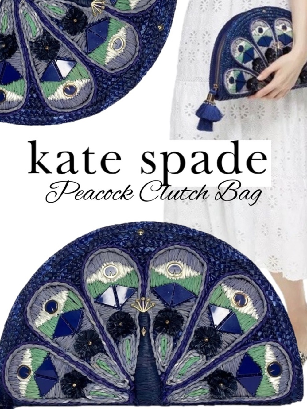 NWT Kate Spade Full Plume Embroidered Straw Peacock Clutch Peacock Wicker Bird